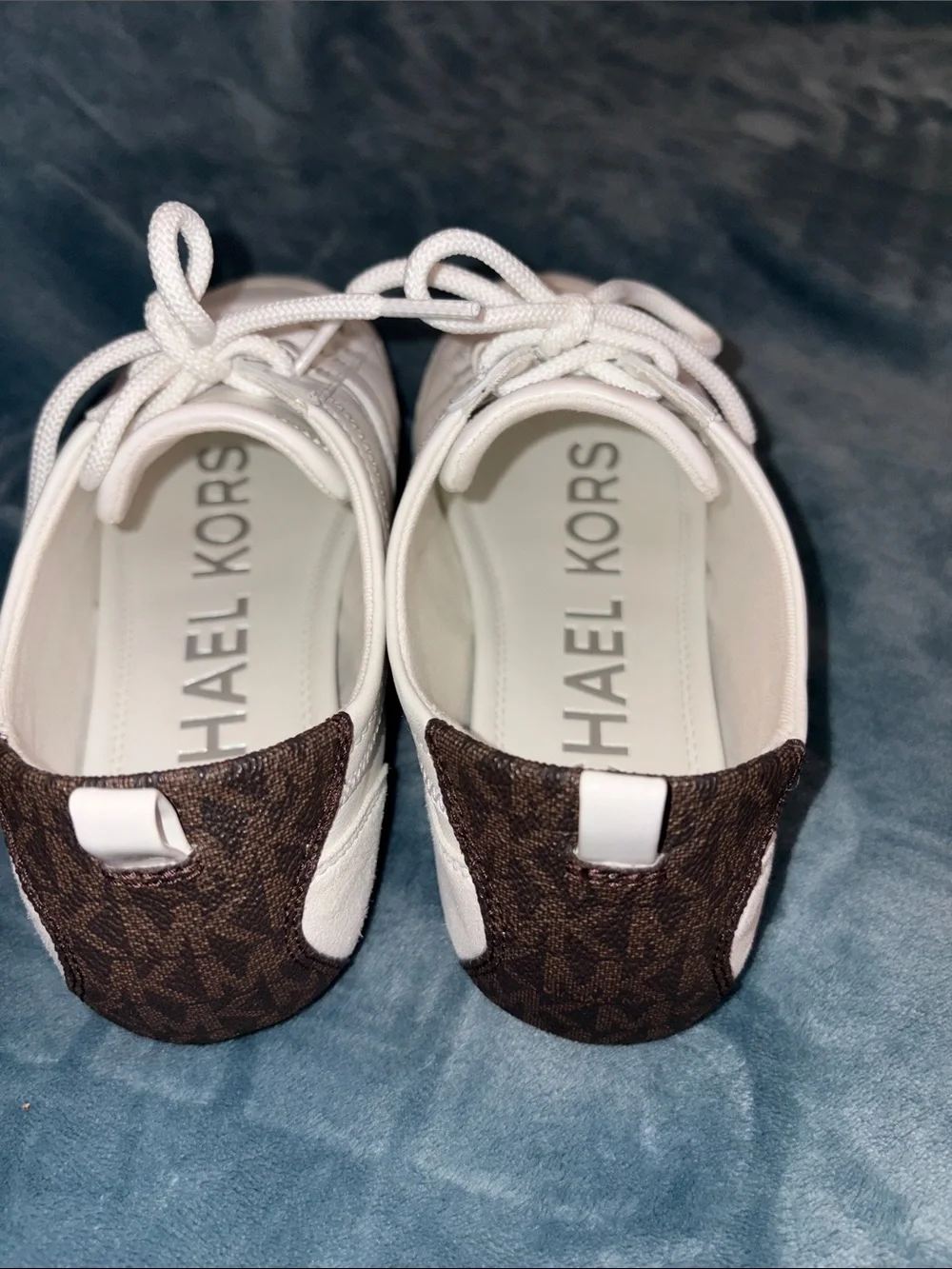 Michael Kors White Leather Low-Profile Lace-Up Sneakers with Brown Trim